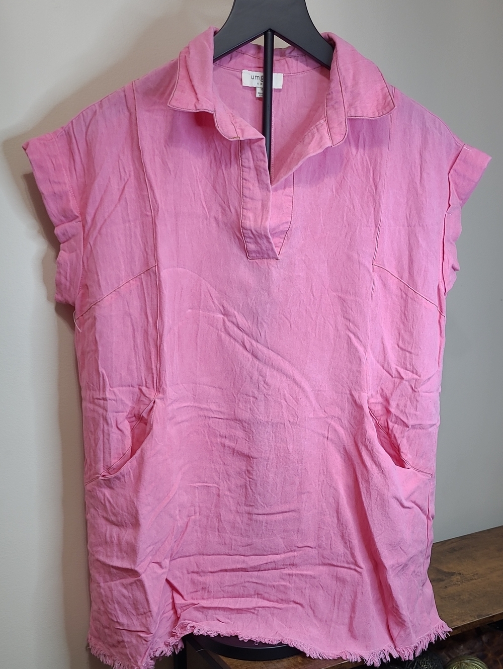 Umgee Pink Short Sleeve Collared Mini Dress/Tunic Top with Fringe Hem size Small